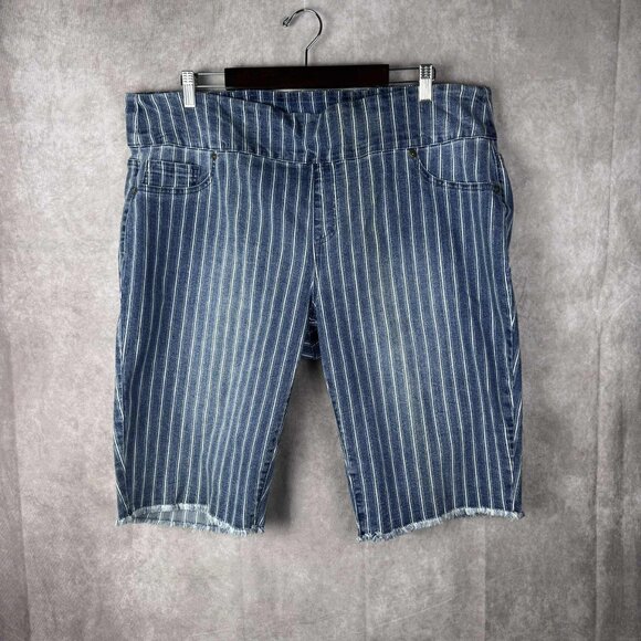 DG2 by Diane Gilman Blue Pinstripe Denim Bermuda Shorts 2X High Rise Raw Hem Y2K - Picture 1 of 7